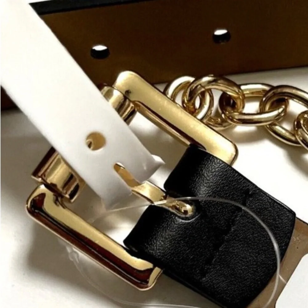 MICHAEL KORS Belt Swag Chain Logo Genuine Leather Black Gold Sz Large AUTHENTIC